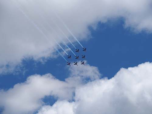 leisure activities seven jetplanes with smoke tracks sky